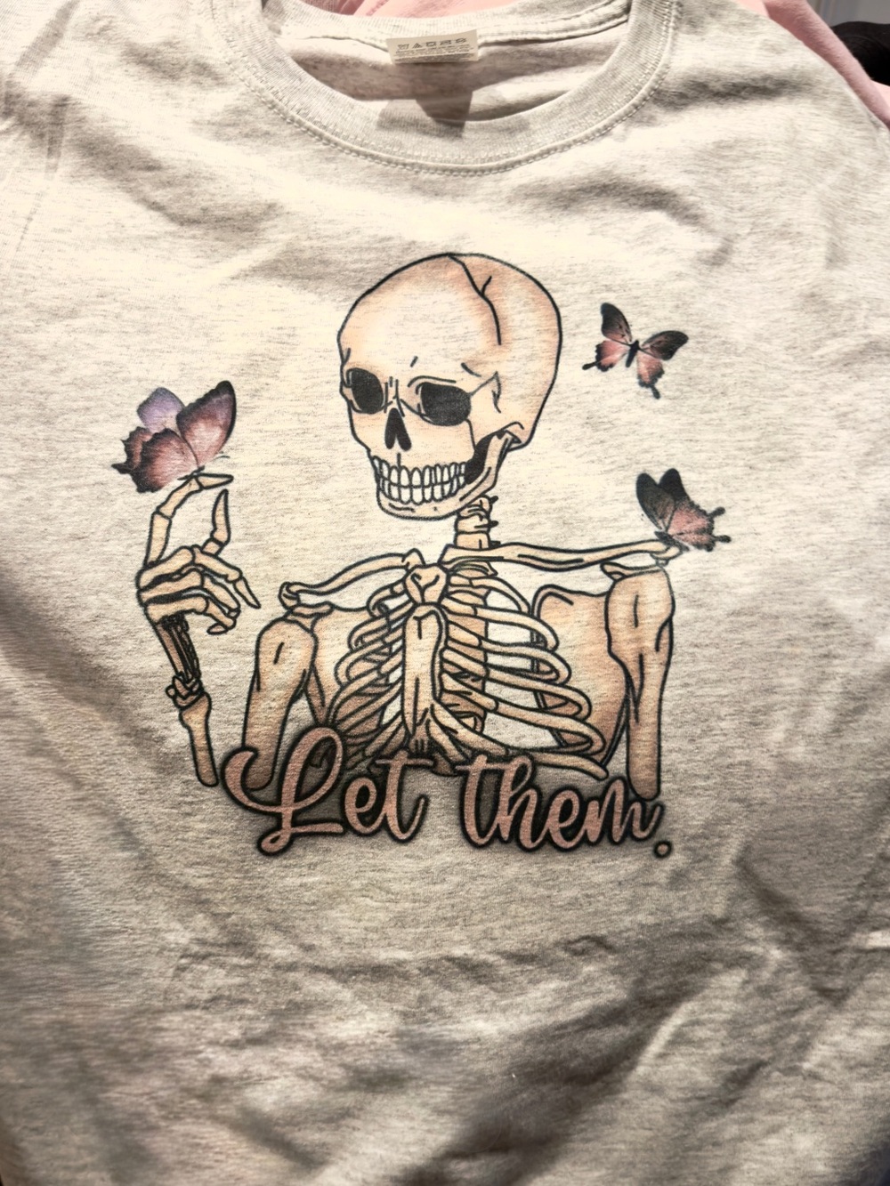 Women’s Skeleton Graphic Tee with Butterflies. “Let Them”. Size S Handmade